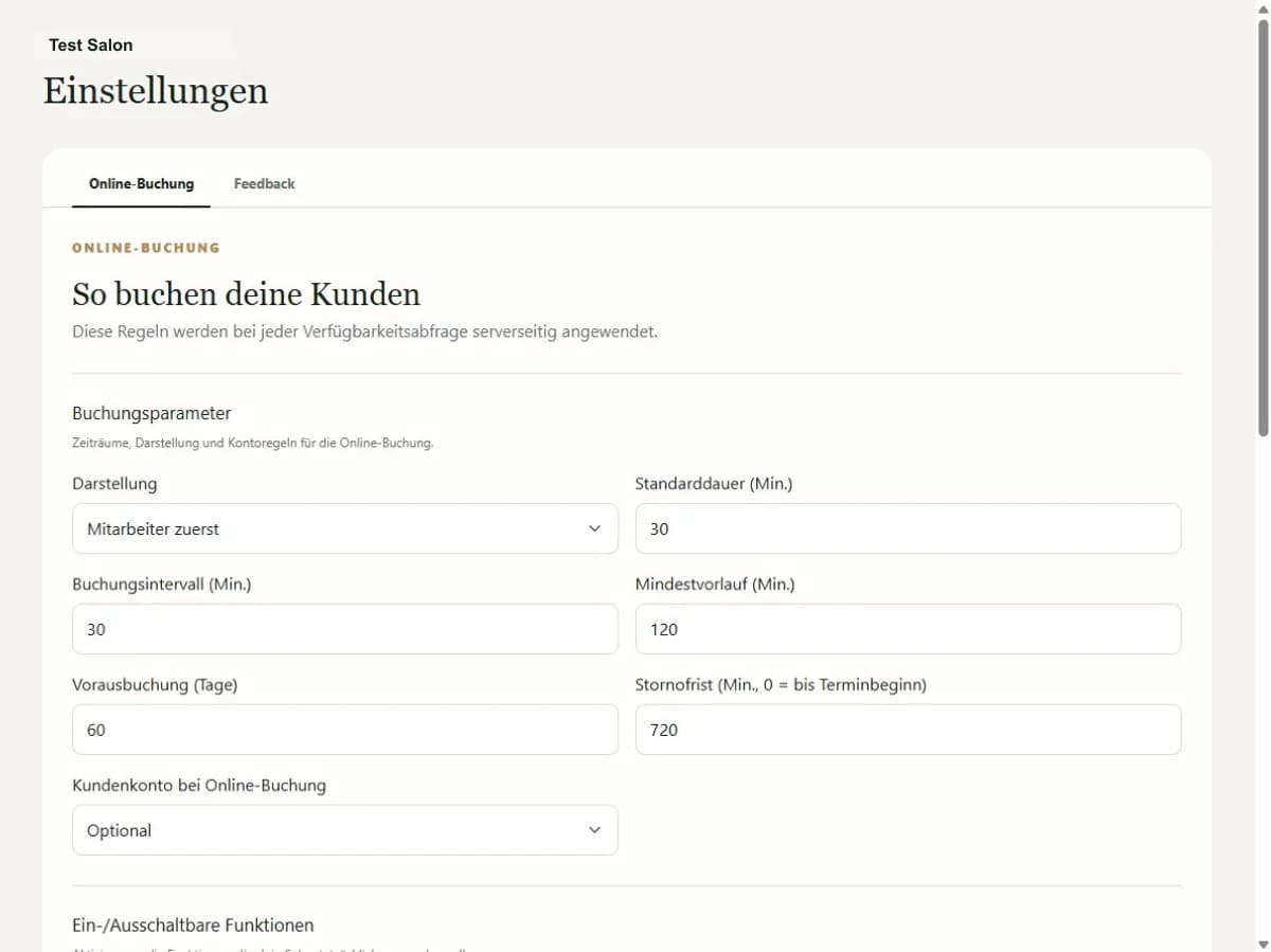 Buchungseinstellungen eines anonymen Test Salons im Terminslot CRM