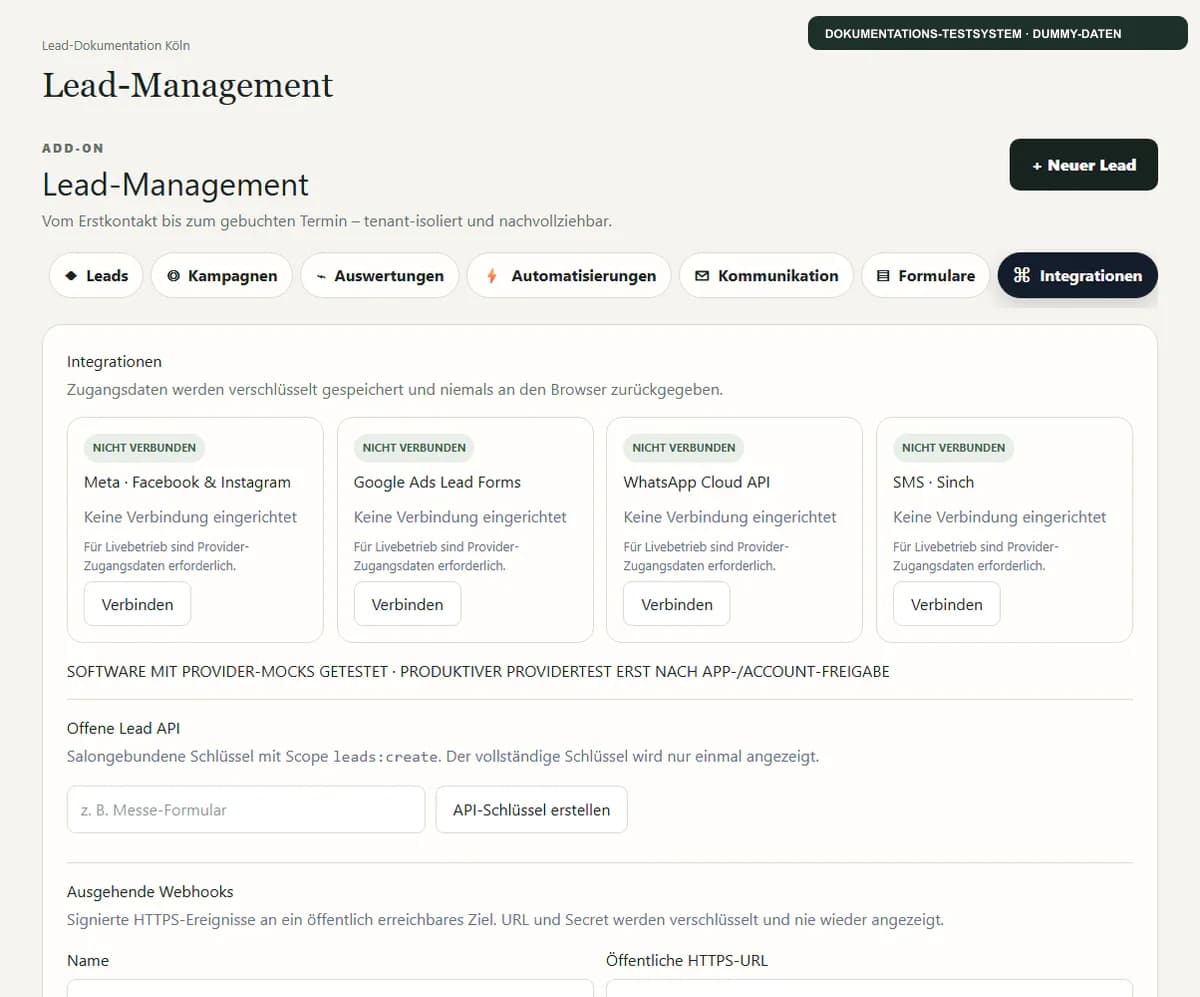 Lead-Integrationsübersicht mit Meta, Google Ads, WhatsApp, SMS, API und Webhooks
