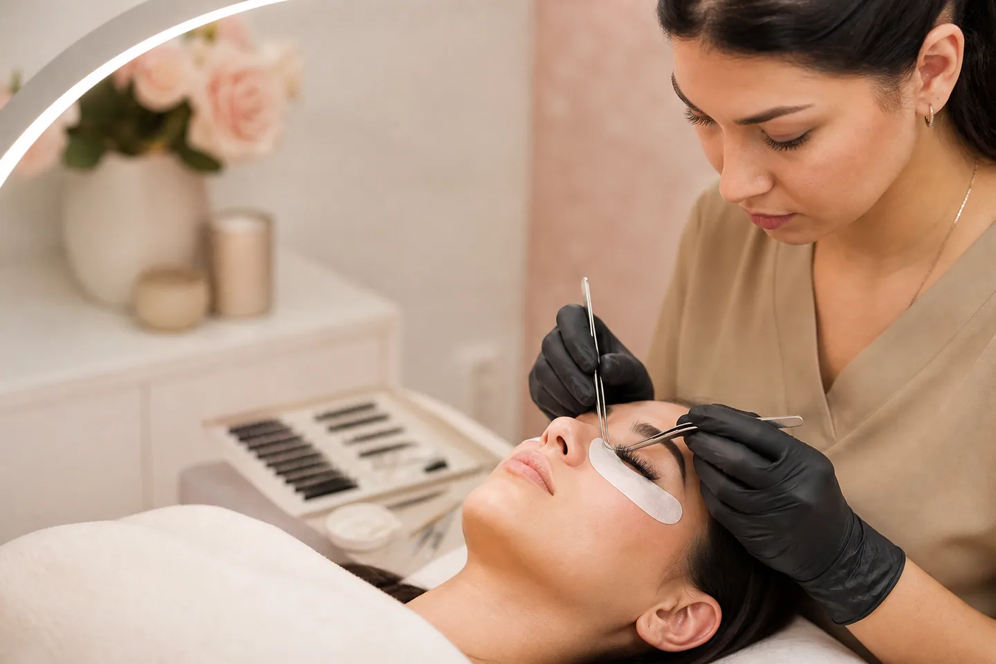 Lash Artist arbeitet präzise an den Wimpern einer Kundin