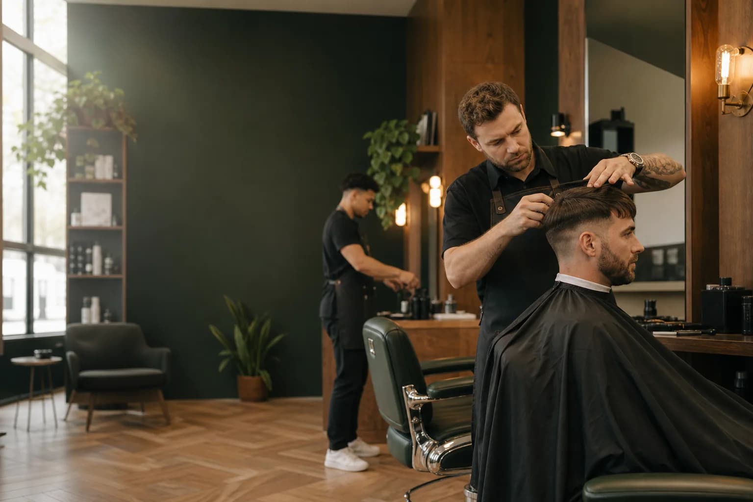 Barber schneidet einem Kunden in einem modernen Barbershop professionell die Haare