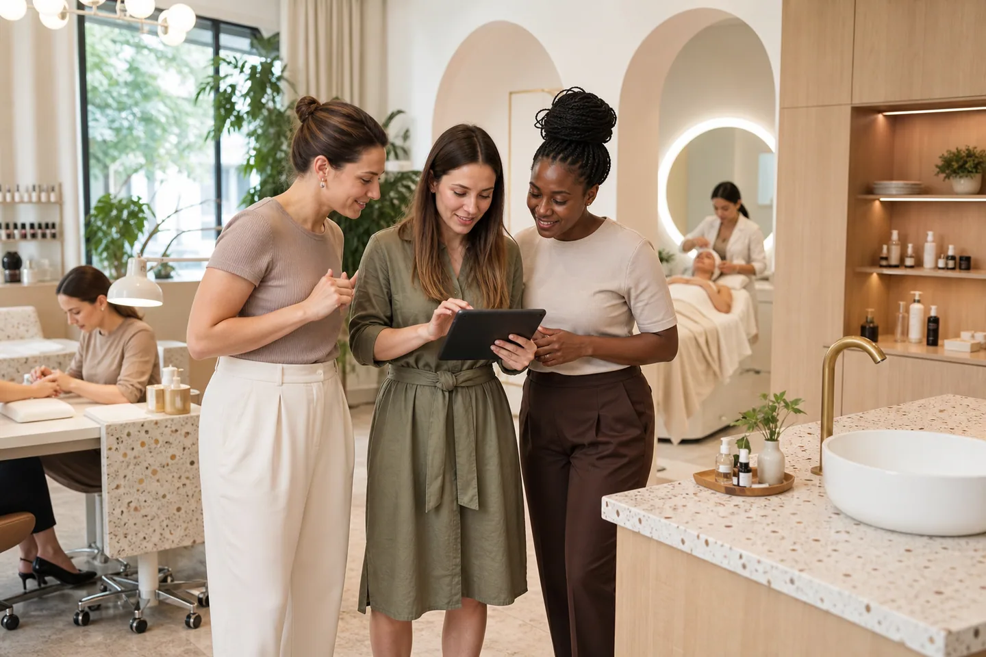 Team eines vielseitigen Beauty Studios plant gemeinsam am Tablet