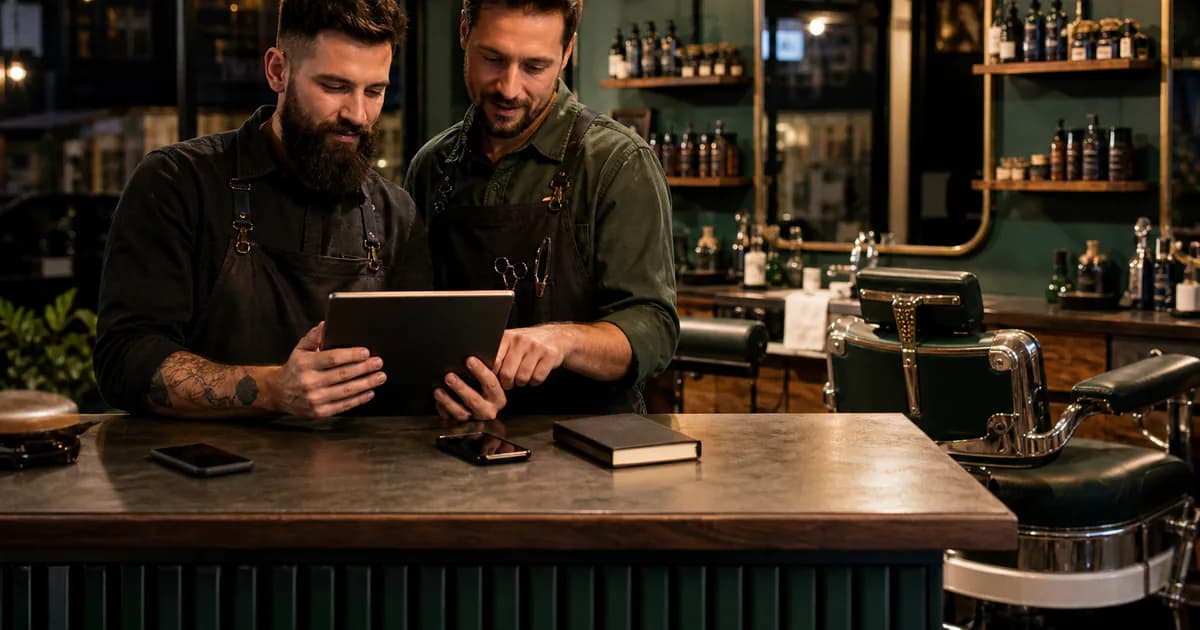 Zwei Barber führen getrennte Notizen und Geräte in einer gemeinsamen digitalen Planung zusammen