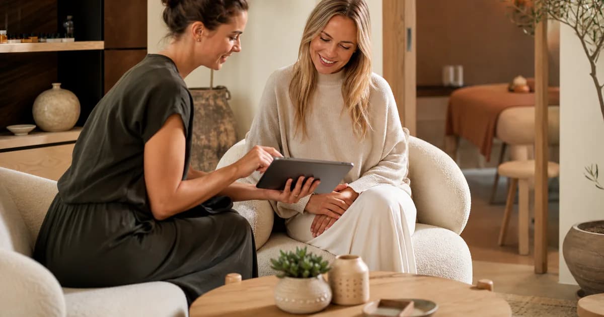 Wellness-Mitarbeiterin erleichtert einem Gast die Buchung des nächsten Besuchs