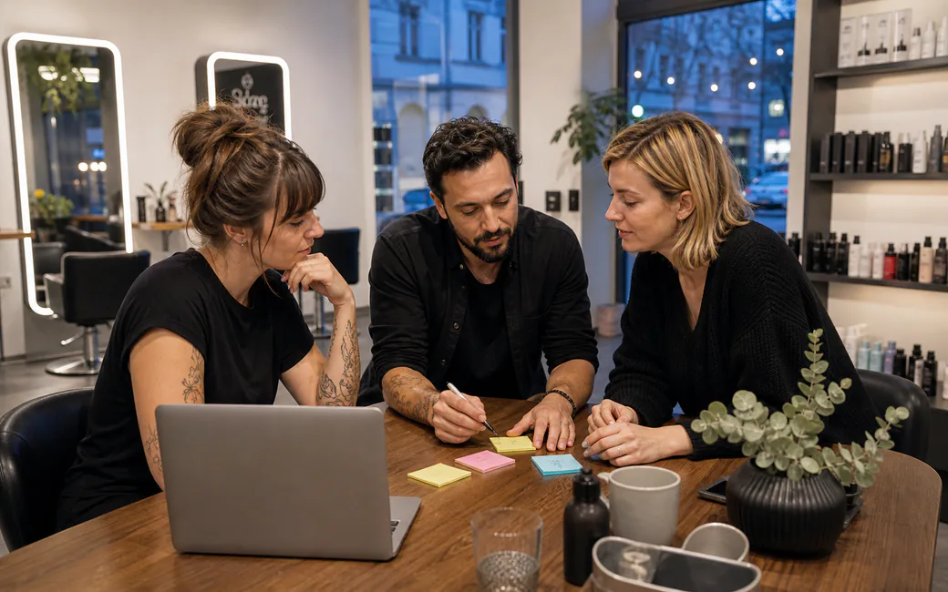 Salonteam plant konkrete nächste Schritte zum Thema Kundenbindung im Salon: Wiederbuchung, Rückgewinnung und Vertrauen systematisch gestalten gemeinsam am Tisch