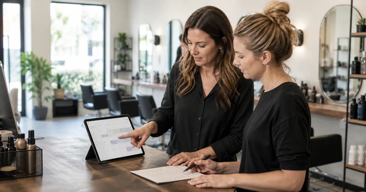 Saloninhaberin plant mit Teamleitung die kommende Woche an einem übersichtlichen digitalen Salonkalender