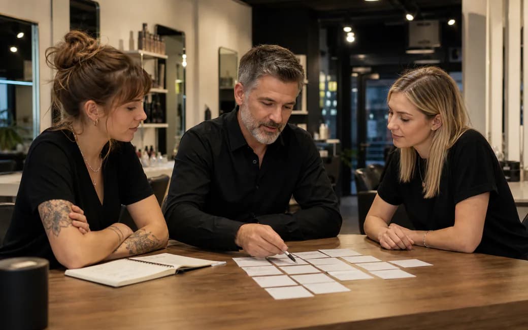 Salonteam plant konkrete nächste Schritte zum Thema Salon organisieren: Wochenroutine, Standards und klare Verantwortlichkeiten gemeinsam am Tisch