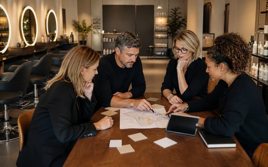 Salonteam plant konkrete nächste Schritte zum Thema Salonwachstum planen: vom stabilen Betrieb zum zweiten Standort gemeinsam am Tisch