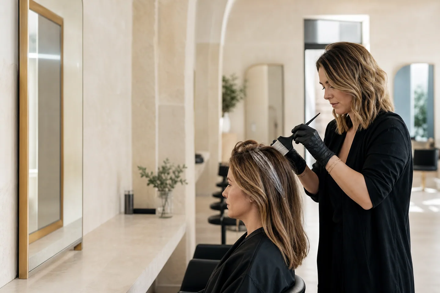 Friseurin trägt in einem hellen Salon professionell Haarfarbe auf
