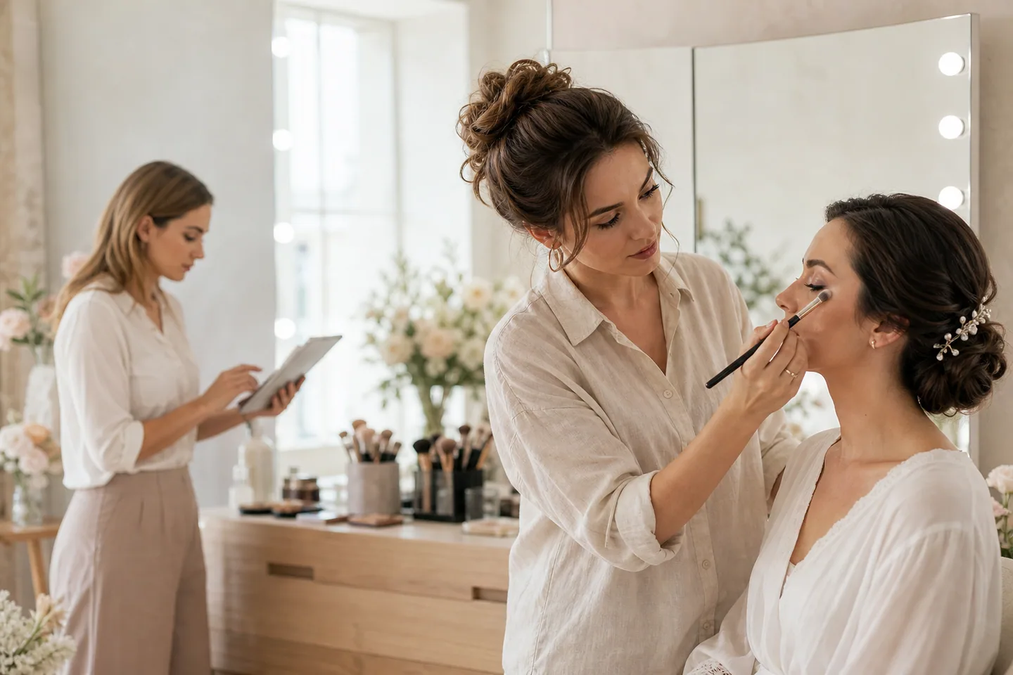 Make-up Artist schminkt eine Braut während eine Kollegin Termine organisiert