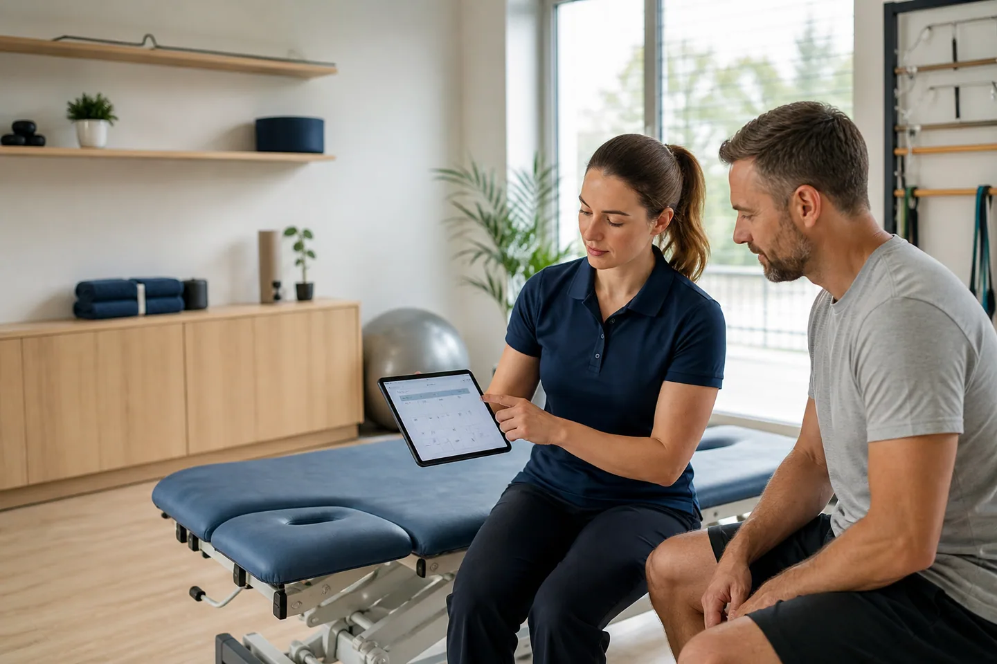 Physiotherapeutin bespricht mit einem Patienten eine Terminserie