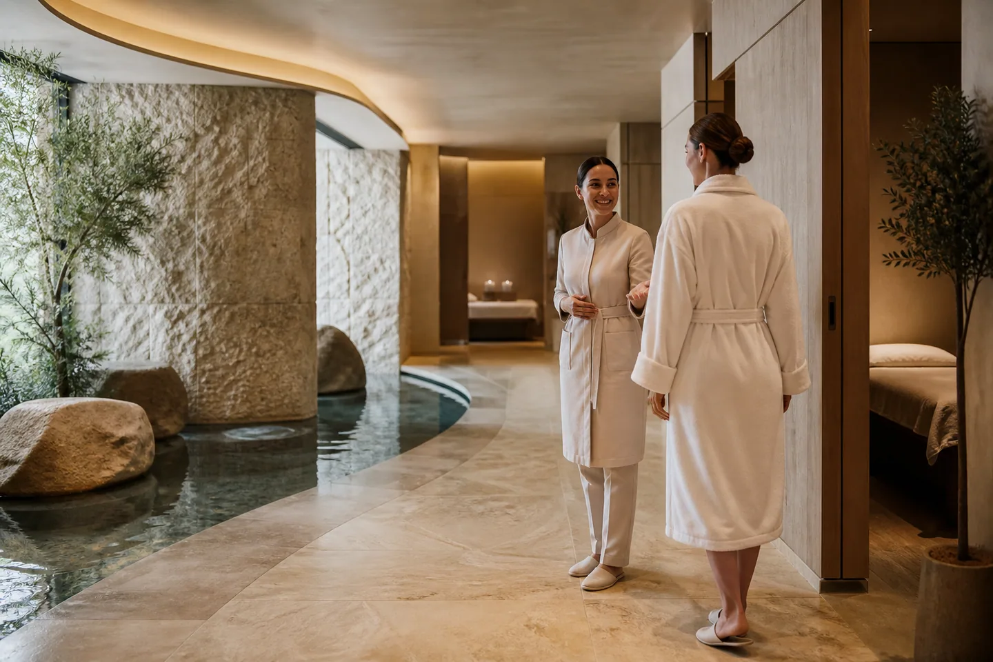 Mitarbeiterin begrüßt einen Gast in einem hochwertigen modernen Spa