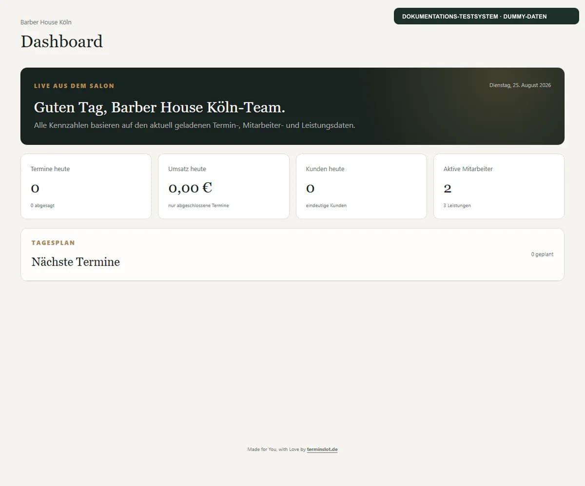 Dashboard des Terminslot CRM mit anonymen Kennzahlen aus dem Testsalon