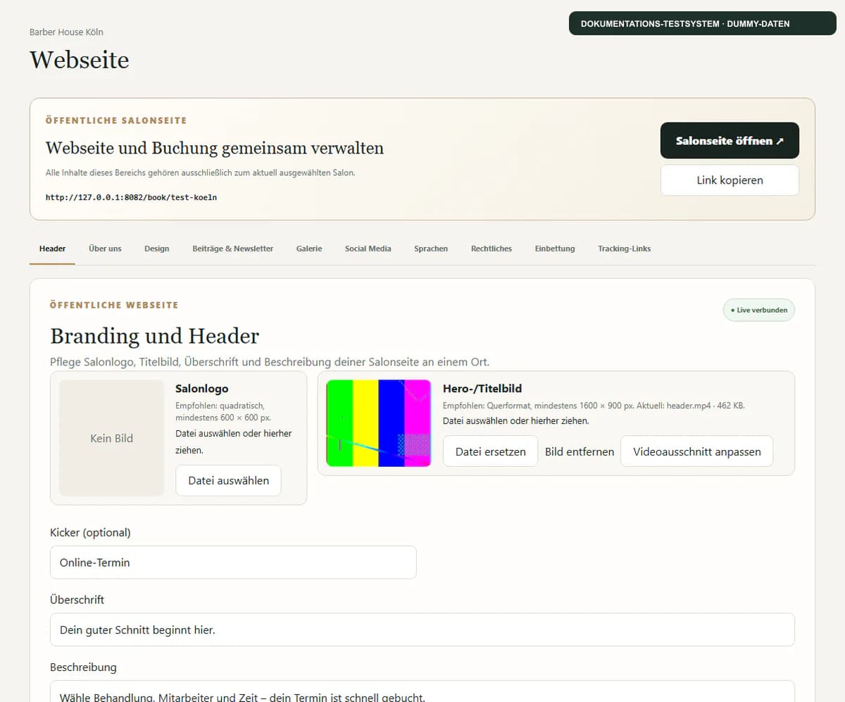 Webseiteneditor eines anonymen Testsalons mit verarbeitetem Header-Video