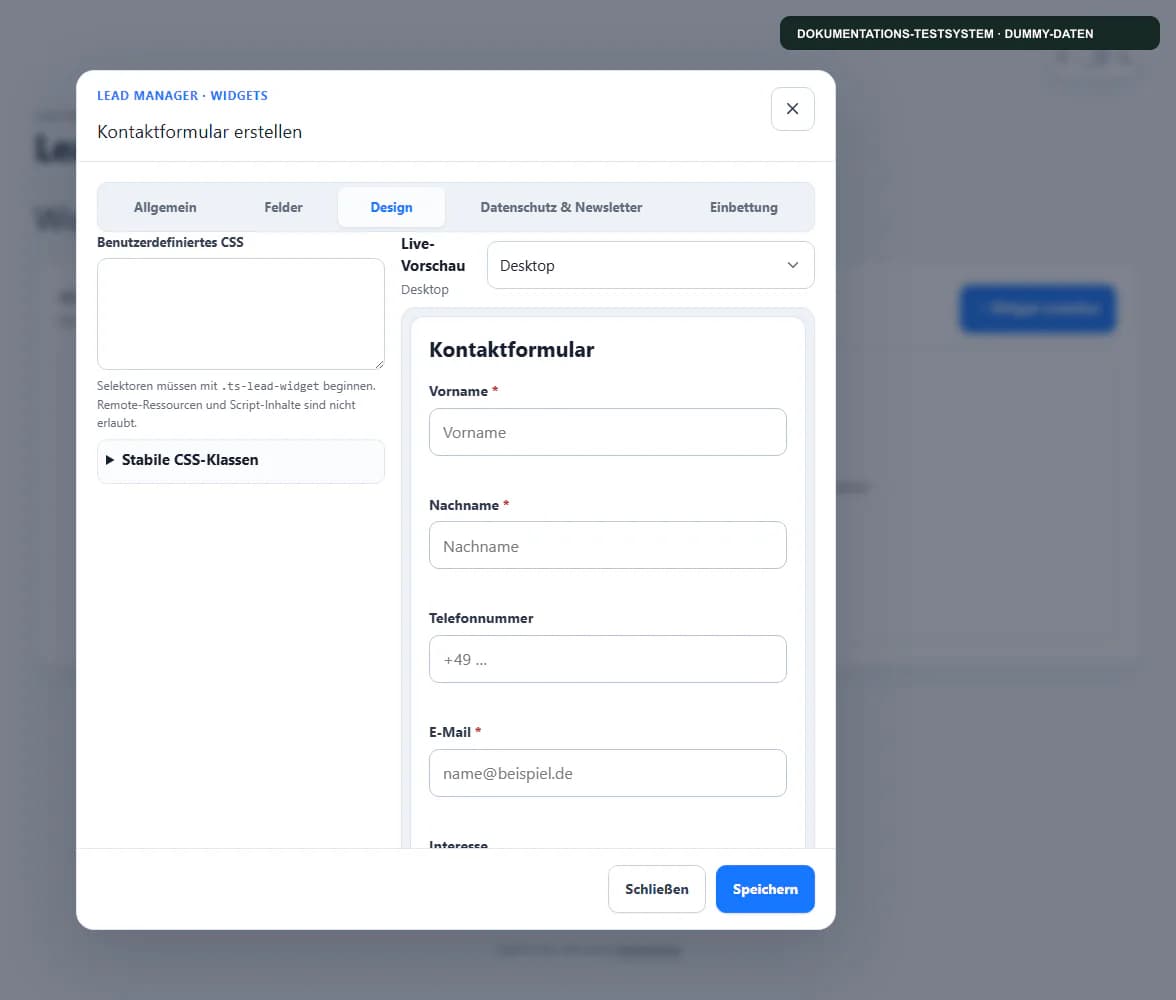 Website-Kontaktwidget mit isolierter Live-Vorschau und ausschließlich fiktiver Konfiguration im Dokumentations-Testsystem