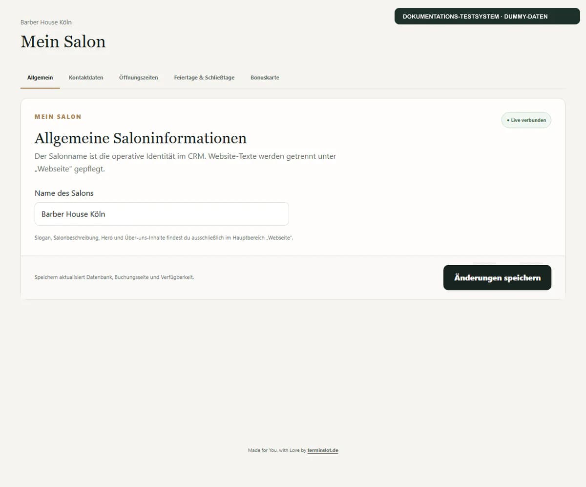 Salon-Grunddaten eines anonymen Testsalons nach der geführten Einrichtung