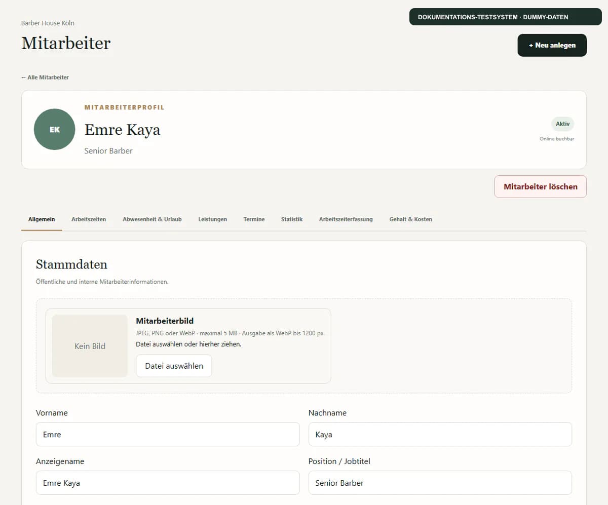 Mitarbeiterprofil mit anonymem Namen und verarbeitetem Profilbild im Testsalon