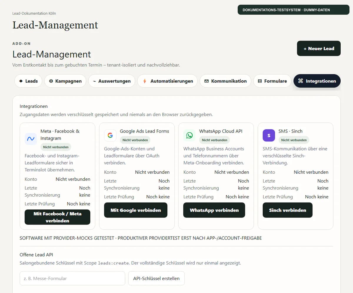 Lead-Management-Einstellungen mit Meta-, Google- und WhatsApp-Providerkarten ohne Secrets