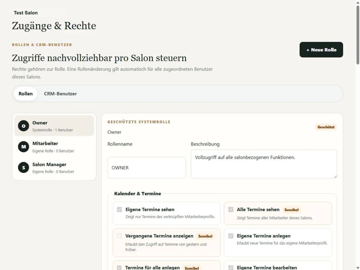 Rollen- und Rechteverwaltung mit anonymem Salonkontext