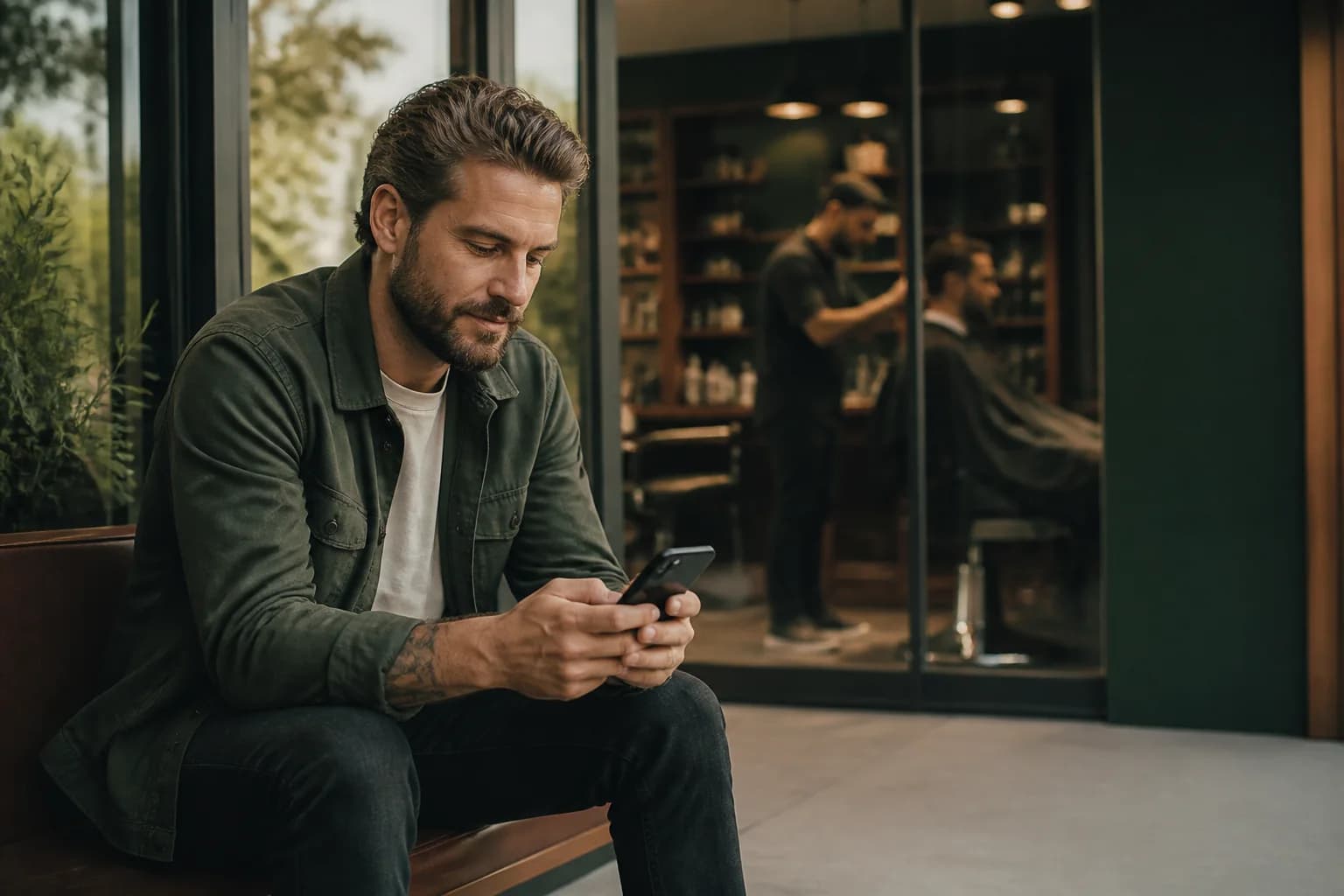 Kunde bucht auf seinem Smartphone einen Termin, während im Hintergrund ein Barbershop arbeitet