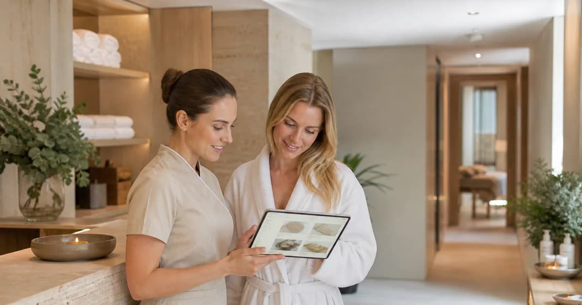 Spa-Mitarbeiterin begleitet einen Gast von der Treatment-Auswahl bis zum Wiederbesuch