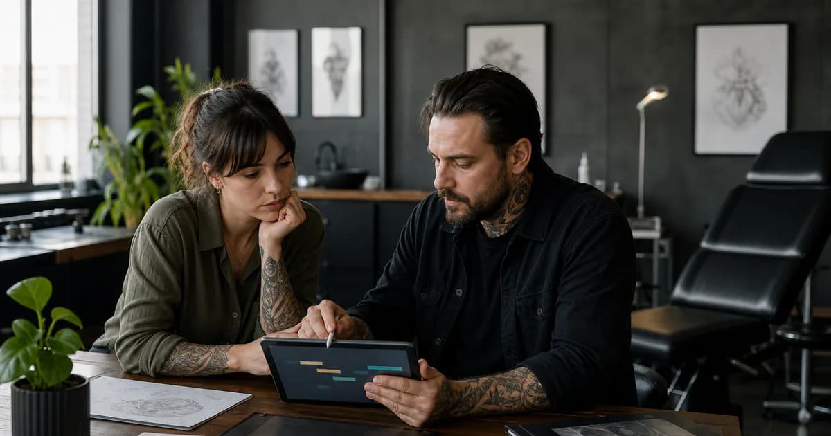 Tattoo-Artist plant mit einer Kundin Beratung und mehrere längere kreative Sessions