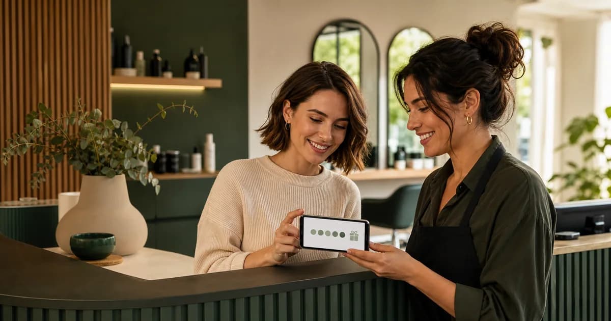 Kundin und Friseurin sehen gemeinsam den transparenten Fortschritt eines digitalen Bonusprogramms