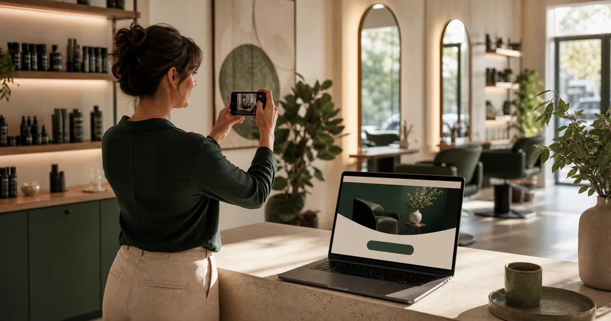 Saloninhaberin fotografiert ihren Salon für die eigene Website mit direkter Buchung