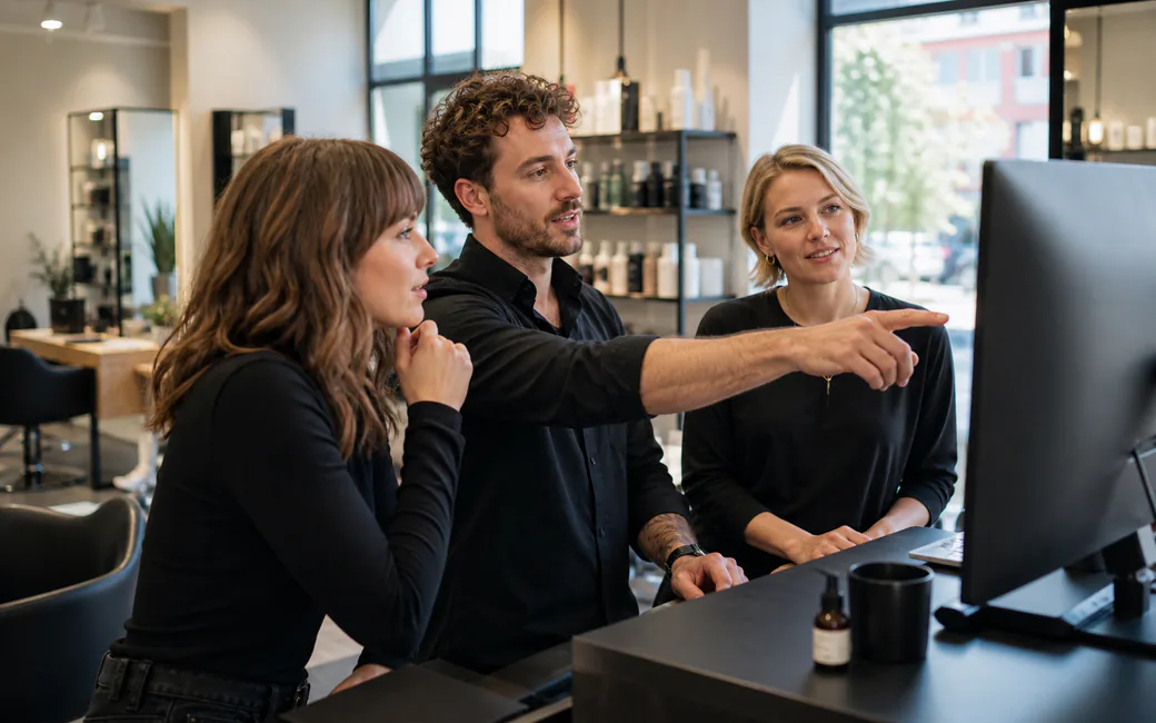 Salonteam plant konkrete nächste Schritte zum Thema Online-Buchung im Salon: Telefon, Empfang und digitale Termine in einem System verbinden gemeinsam am Tisch