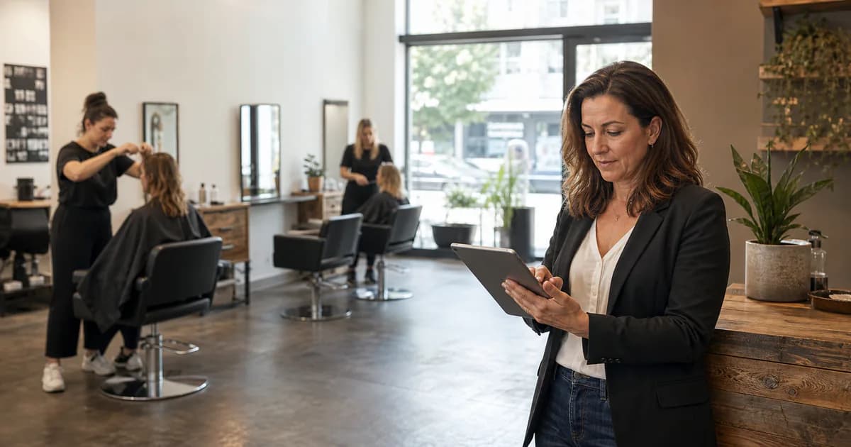 Saloninhaber prüft Auslastung und Kennzahlen auf einem Tablet neben einem realistisch gefüllten Salonkalender