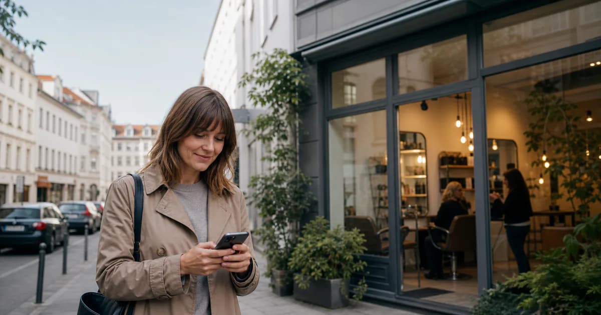 Potenzielle Kundin findet einen lokalen Salon auf dem Smartphone vor dem realen Geschäft in einer deutschen Innenstadt