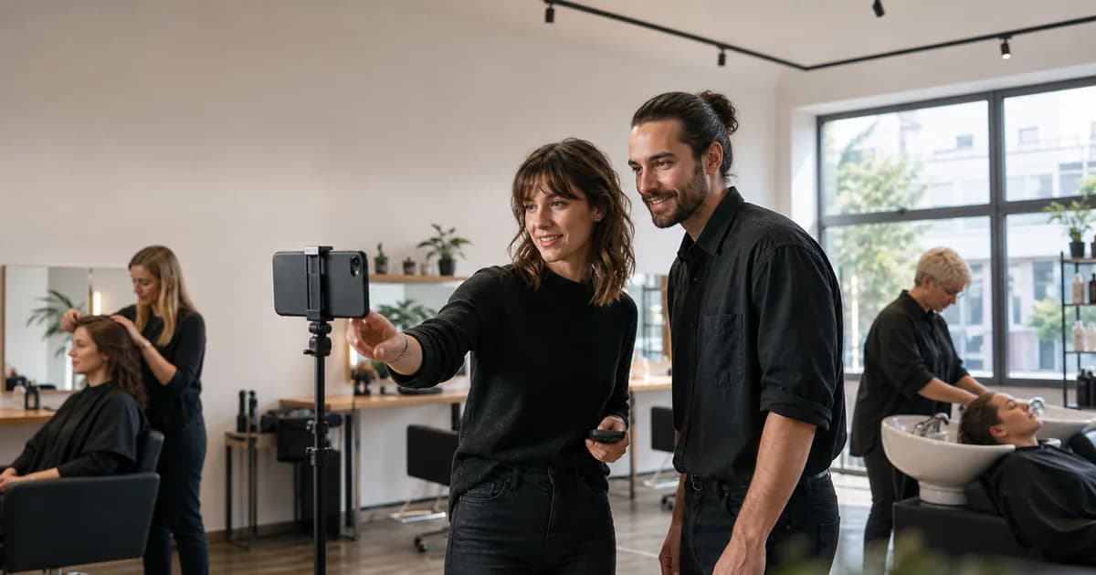 Salonteam erstellt gemeinsam authentische Social-Media-Inhalte mit Smartphone und verbindet sie mit direkter Buchung