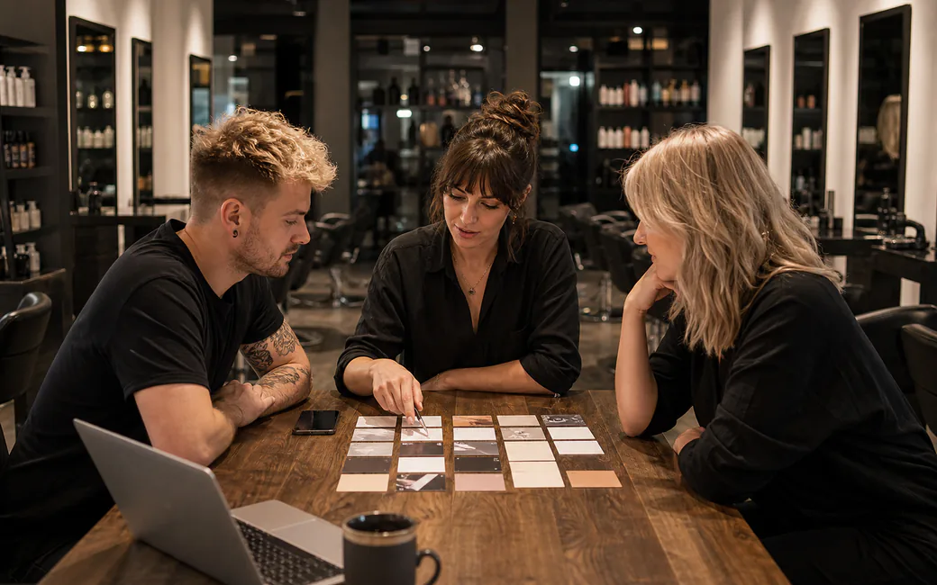 Salonteam plant konkrete nächste Schritte zum Thema Salonmarketing mit System: Redaktionsplan, Social Media und direkter Weg zur Buchung gemeinsam am Tisch