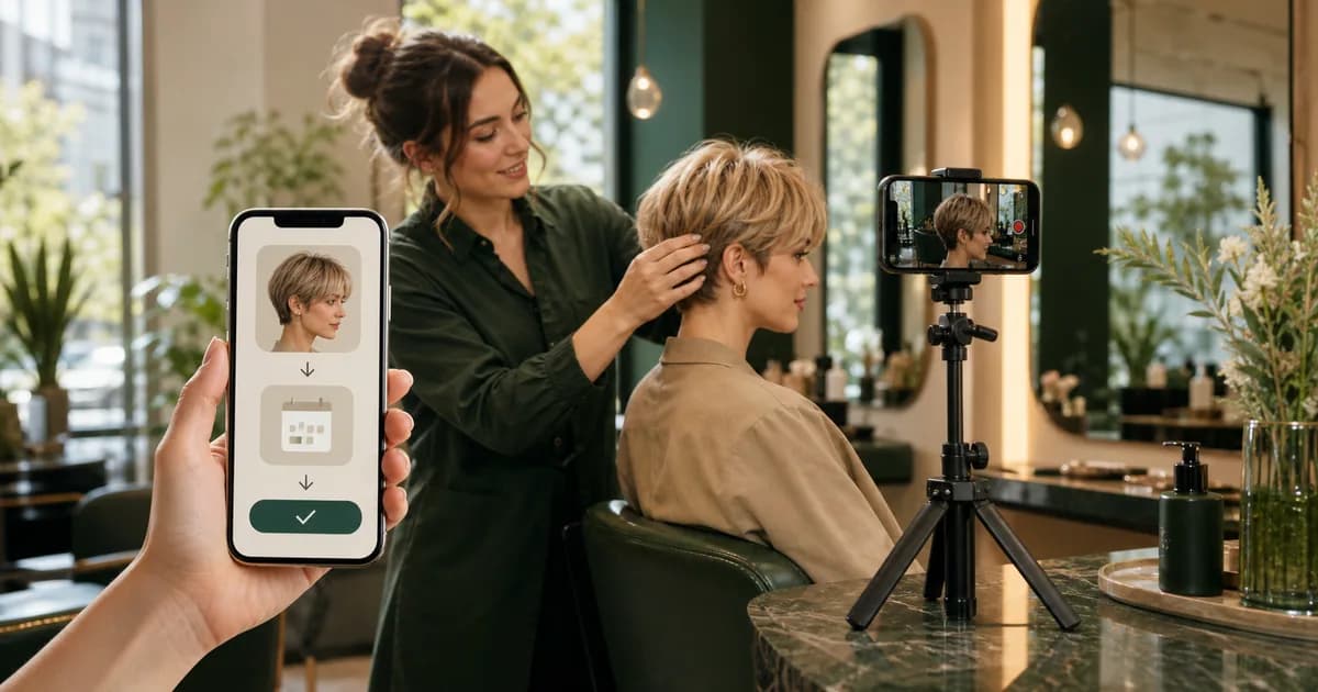 Friseurin erstellt Saloninhalt und zeigt den direkten Weg vom Social-Media-Beitrag zur Terminbuchung