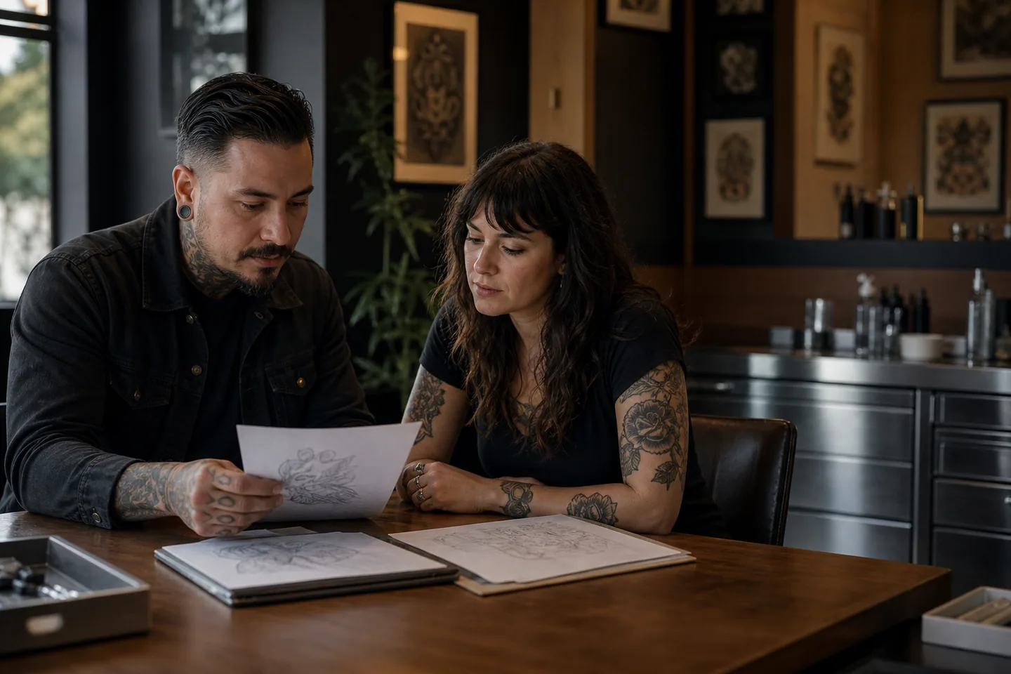 Tattoo Artist und Kundin besprechen in einem Studio einen Entwurf