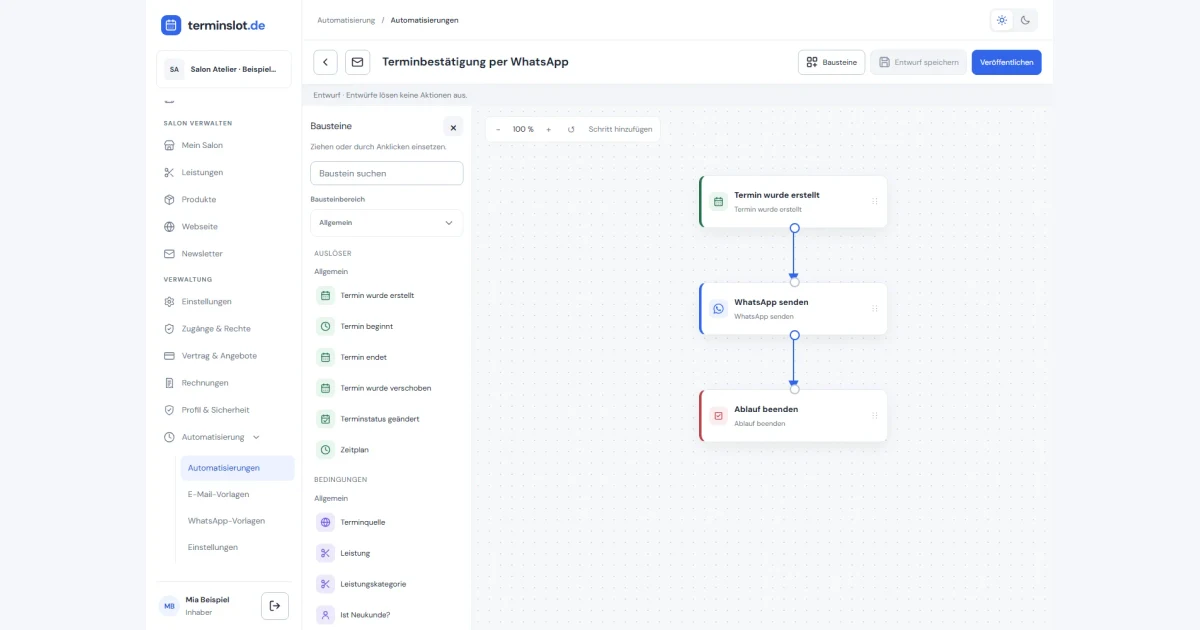Originalansicht des Terminslot Automatisierungseditors mit Terminereignis und WhatsApp-Schritt