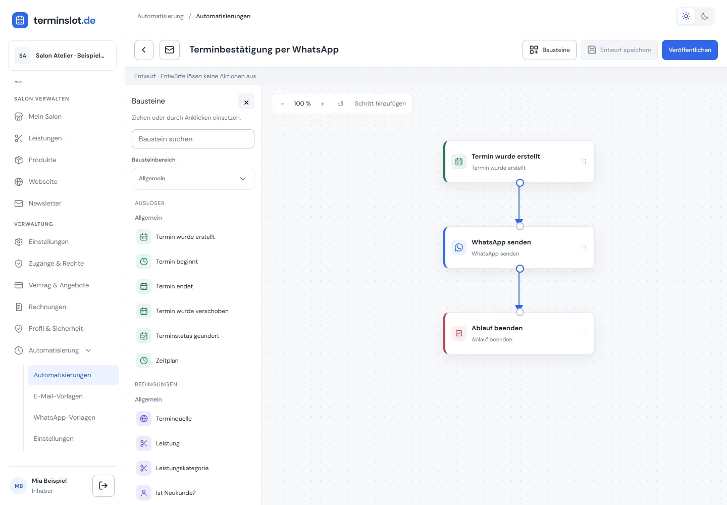 Automatisierungseditor mit Terminereignis, WhatsApp und Ende