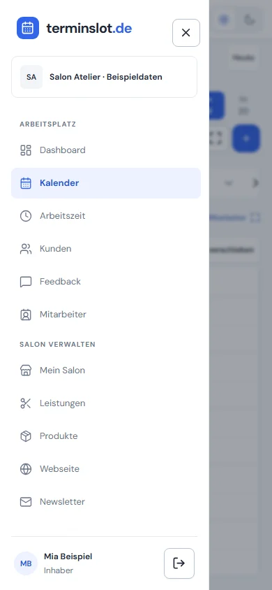Geöffnete mobile Navigation des aktuellen Terminslot CRM