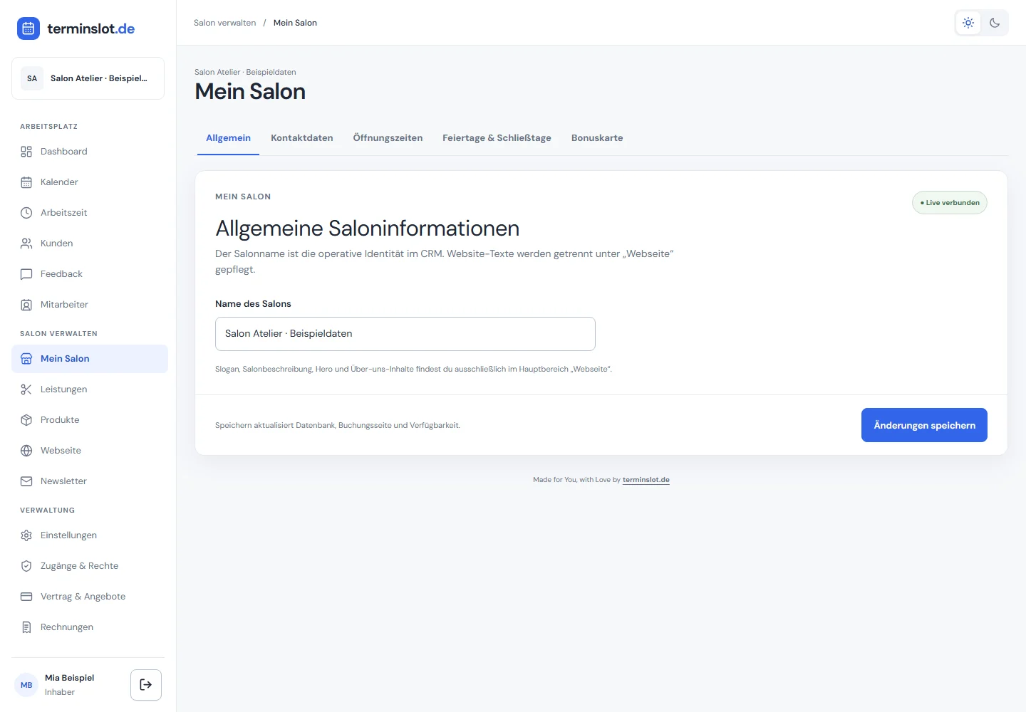 Aktuelle Saloneinstellungen mit Stammdaten und Registerkarten