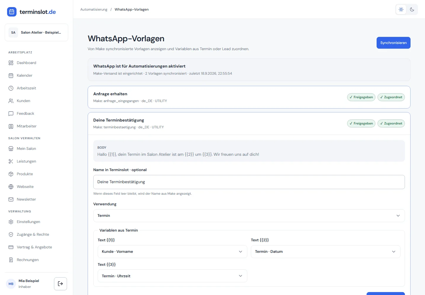 WhatsApp-Vorlage mit CRM-Anzeigenamen und Variablenzuordnung